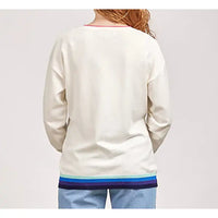 Back of a white sweater. Long sleeves. Blue stripe waist hem. 