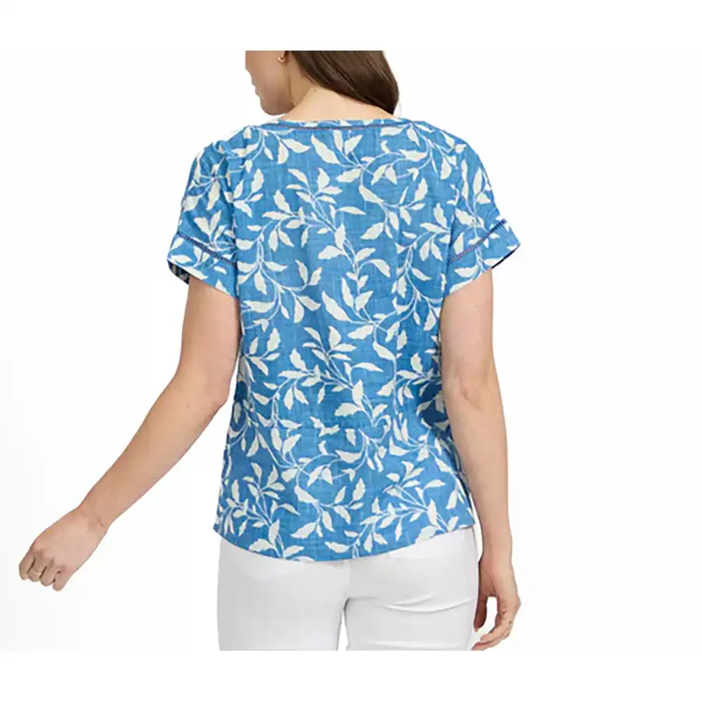 Leaf Print Ladder Trim Top - Blue