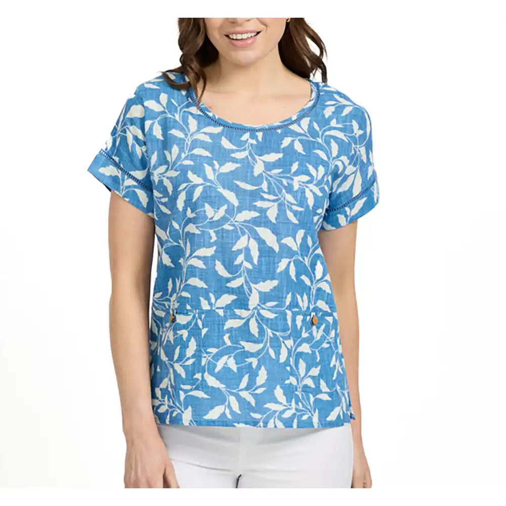 Leaf Print Ladder Trim Top - Blue