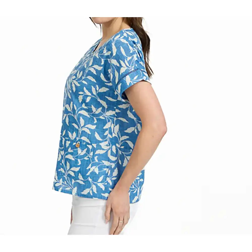Leaf Print Ladder Trim Top - Blue