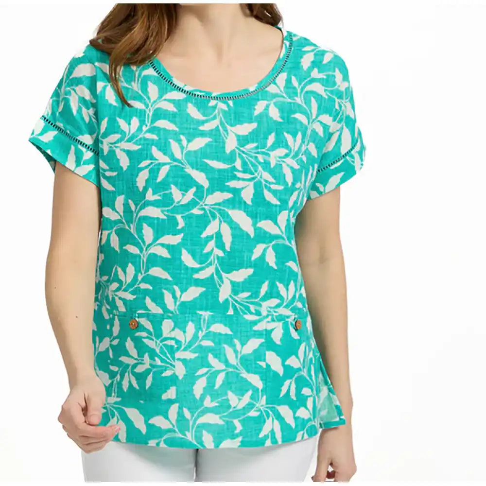 Leaf Print Ladder Trim Top - Teal