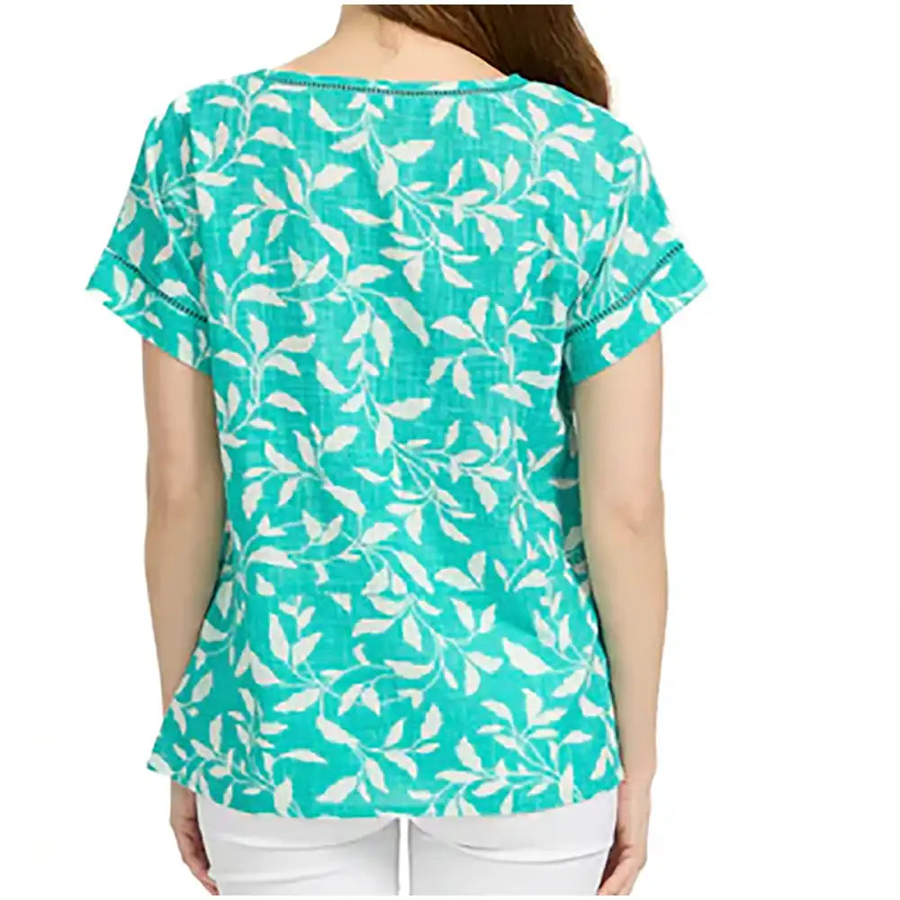 Leaf Print Ladder Trim Top - Teal