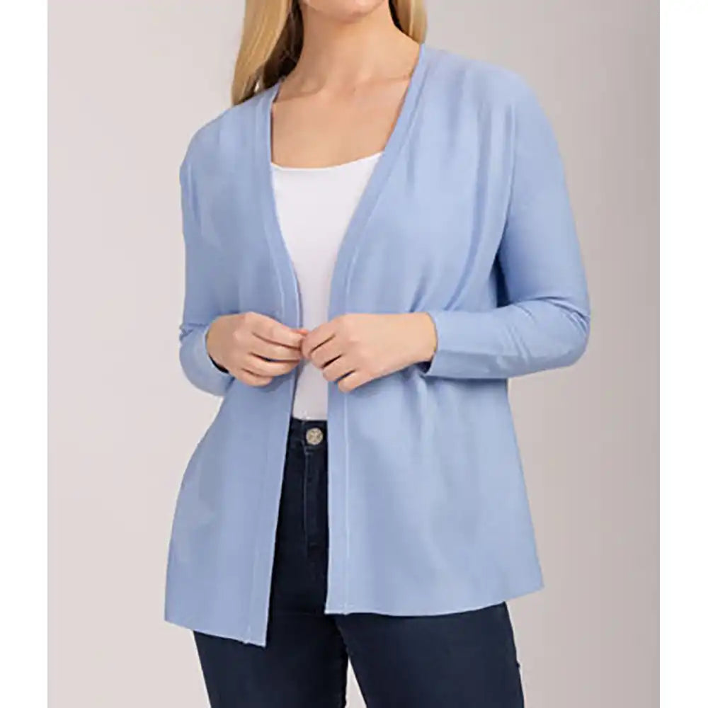 Front of Mudflower conflower blue coloured open edge cardigan. Long sleeves. Star detailing in fabric.