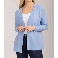 Front of Mudflower conflower blue coloured open edge cardigan. Long sleeves. Star detailing in fabric.