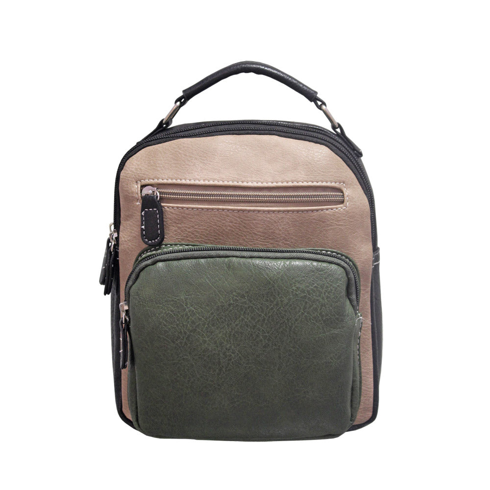 Envy Becky backpack in two tone khaki and mink. Top handle. Multiple zipped compartments.