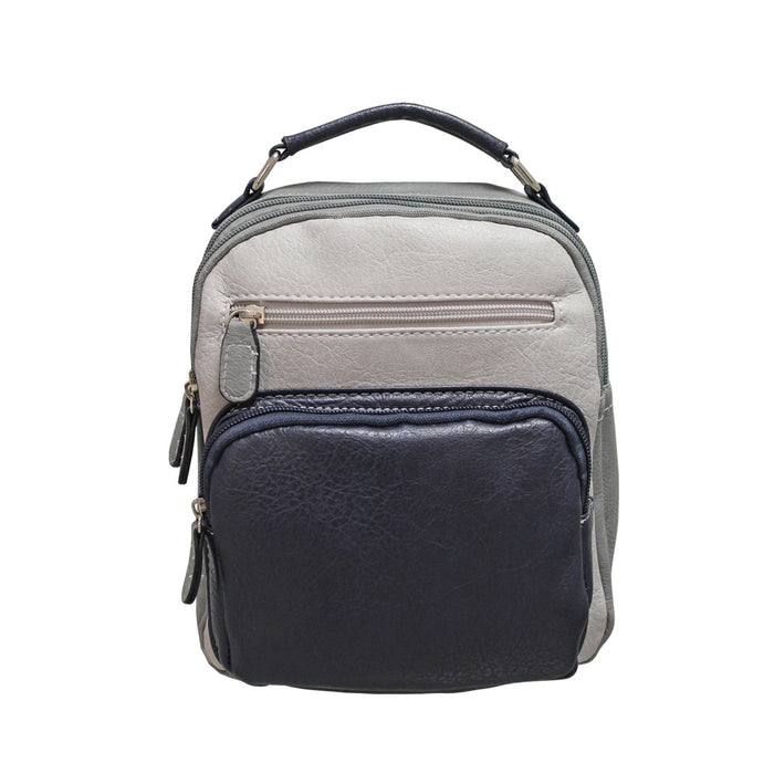 Envy Becky backpack in two tone navy and grey. Top handle. Multiple zipped compartments.