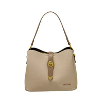 Beige handbag with gold accents on a white background