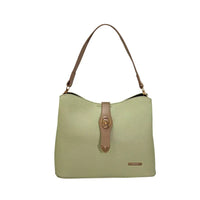 Green handbag with brown strap on a white background