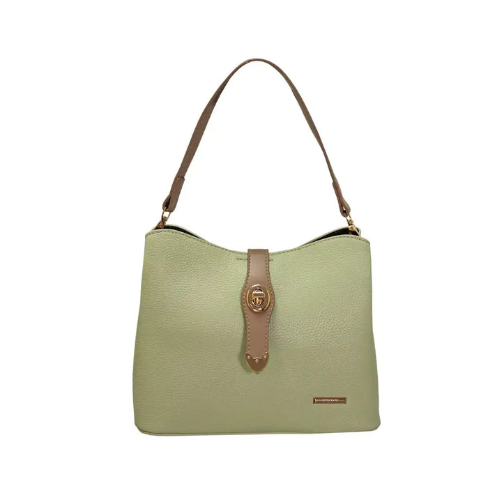 Green handbag with brown strap on a white background