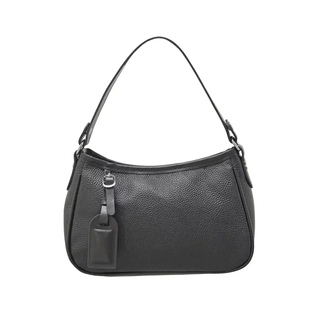 Leather Scoop Shoulder Bag - Black