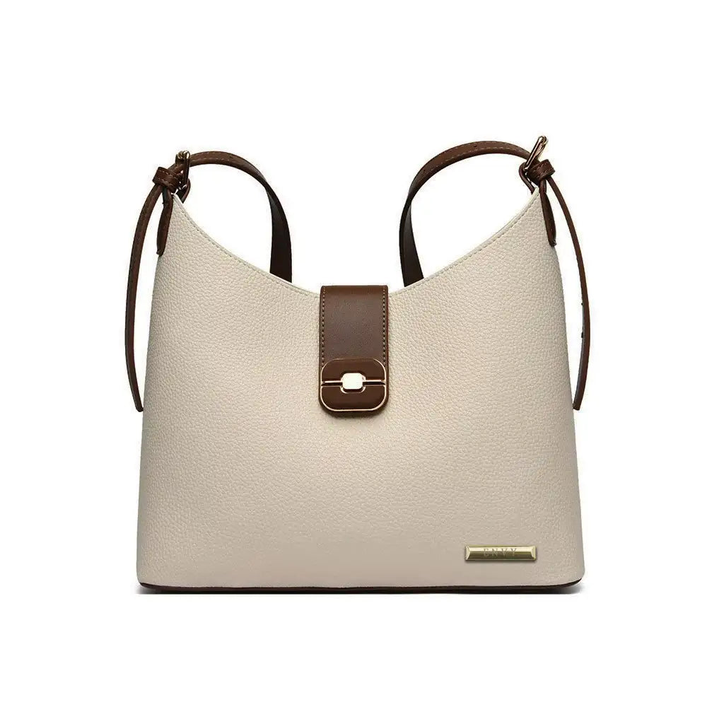Beige handbag with brown accents on a white background