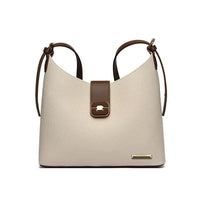 Beige handbag with brown accents on a white background