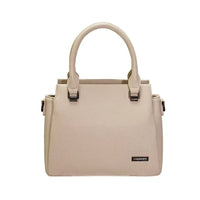 Beige handbag with a visible brand logo on a white background