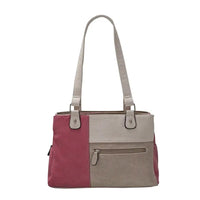 Two-tone pink and gray handbag on a white background