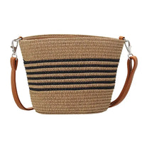 Woven handbag with striped pattern and brown leather straps on a white background