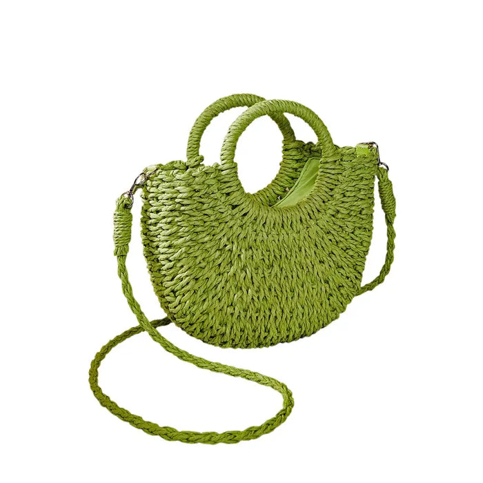 Fuchsia Lime Green straw bag with a rounded straw covered handle . 