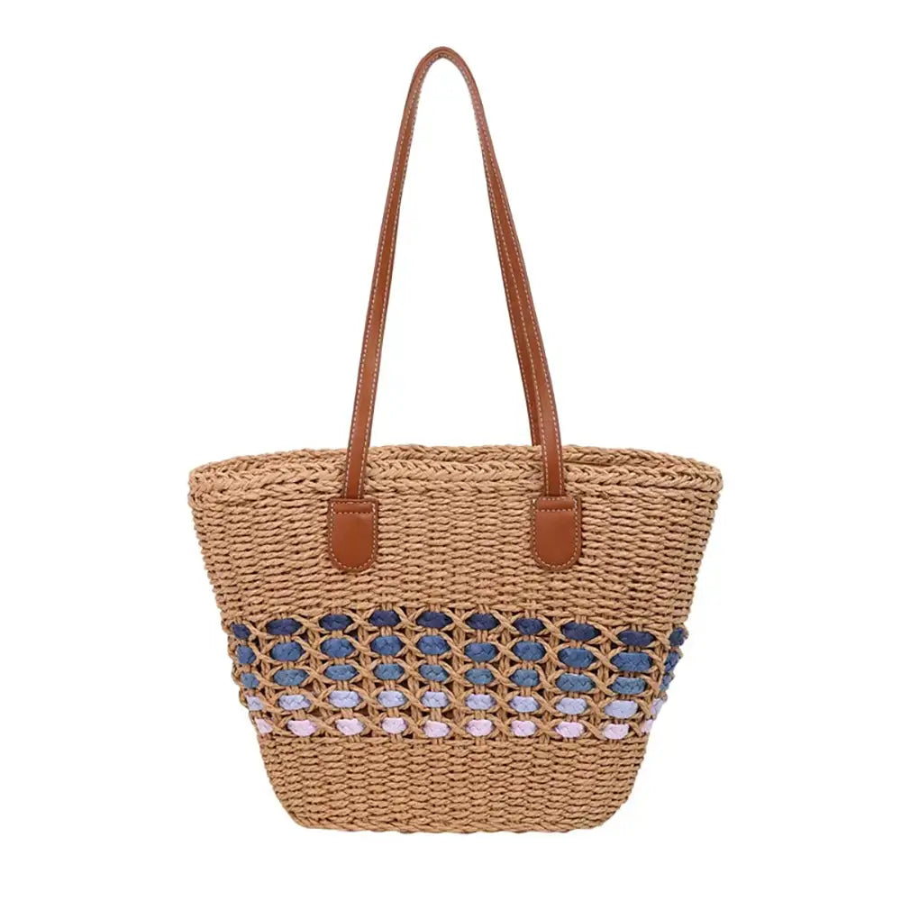 Woven bag with blue and pink bead embellishments on a white background