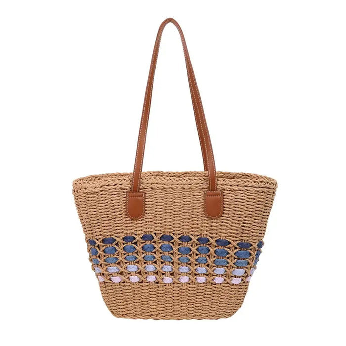 Woven bag with blue and pink bead embellishments on a white background