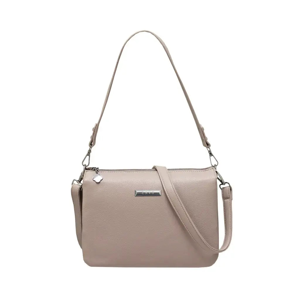 Rectangular stone coloured bag with short strap and long strap
