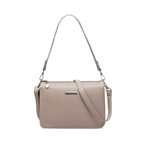 Rectangular stone coloured bag with short strap and long strap

