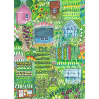 Greetings card featuring a colourful allotment with pretty sheds, flowers and vegetables.