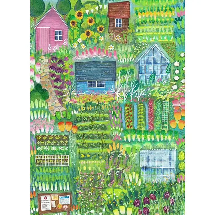 Greetings card featuring a colourful allotment with pretty sheds, flowers and vegetables.
