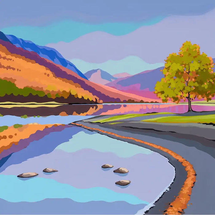 A stylized landscape artwork showing a calm lake or river with mountains in the background, a yellow-green tree on the right, and reflective water with a few rocks in the foreground.