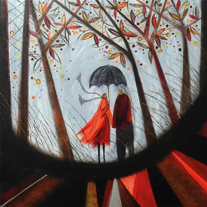 An expressive painting of a couple under a black umbrella in a stylized forest scene, with the woman wearing a bright red coat and the trees rendered in brown, orange, and black brushstrokes against a pale sky.