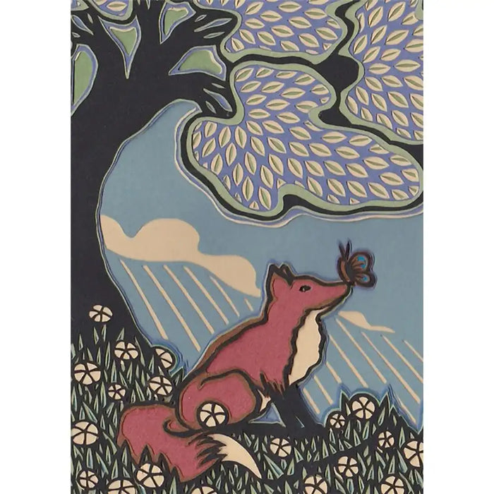 A stylized folk-art style illustration showing a fox sitting in a field beneath a tree, holding a butterfly, with a blue sky and cream clouds behind it.