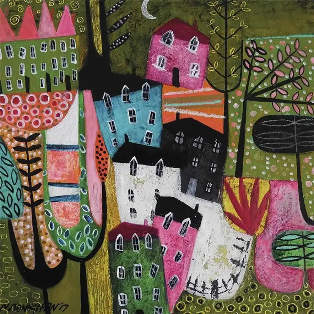 A colourful folk-art style painting of houses and trees with bold geometric shapes and textured brushwork in pink, green, blue, black, orange, white, and yellow.