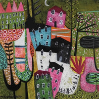 A colourful folk-art style painting of houses and trees with bold geometric shapes and textured brushwork in pink, green, blue, black, orange, white, and yellow.