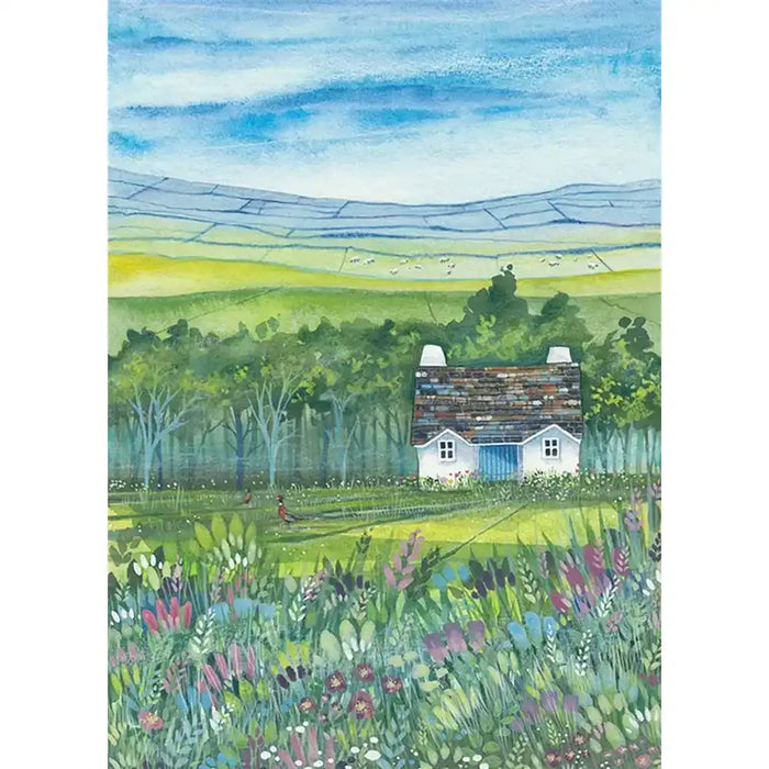 A watercolor landscape painting of a small white cottage with a dark roof, surrounded by green fields, trees, and a blue sky with soft clouds.