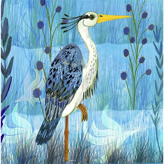 A stylized art print of a heron standing in a blue marsh, with purple flowers and grasses in the background. The heron has a white neck, blue and grey patterned wings, a yellow beak, and orange legs. Printed on a greetings card.