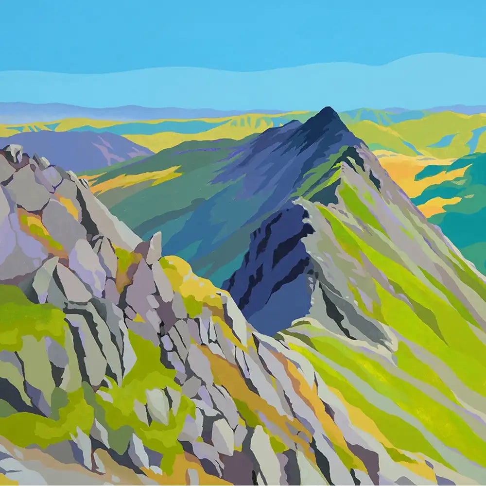 Greetings card with colourful illustration of a high mountain ridge.
