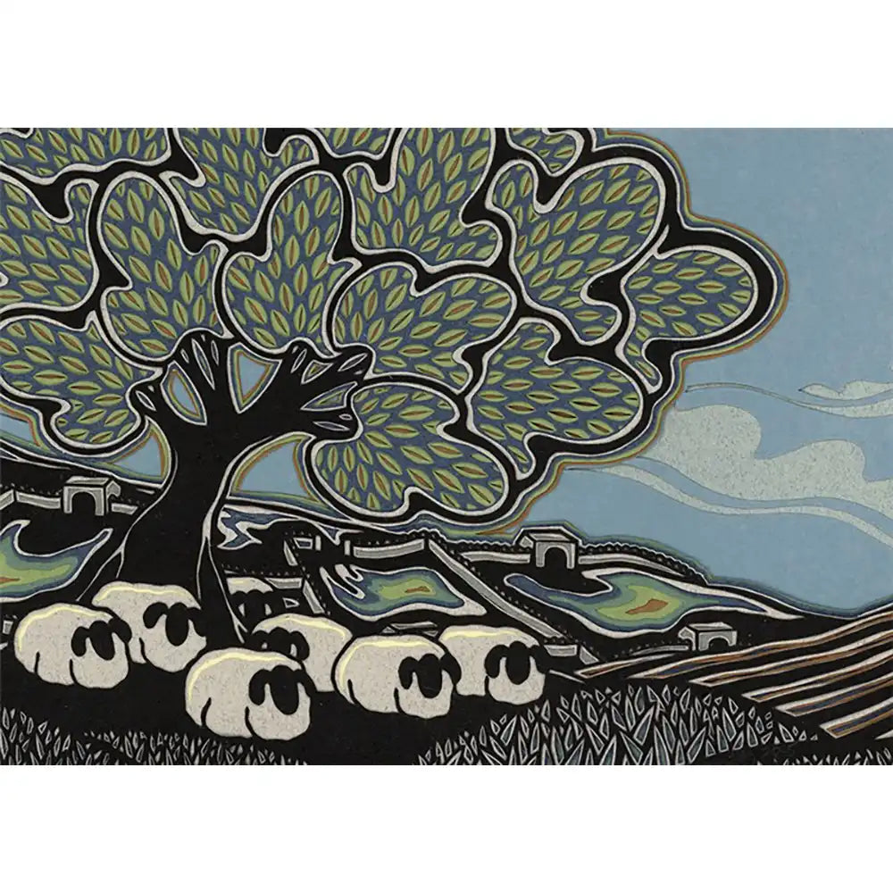Greetings card featuring artwork depicting sheep shading under a tree.