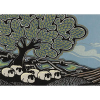 Greetings card featuring artwork depicting sheep shading under a tree.