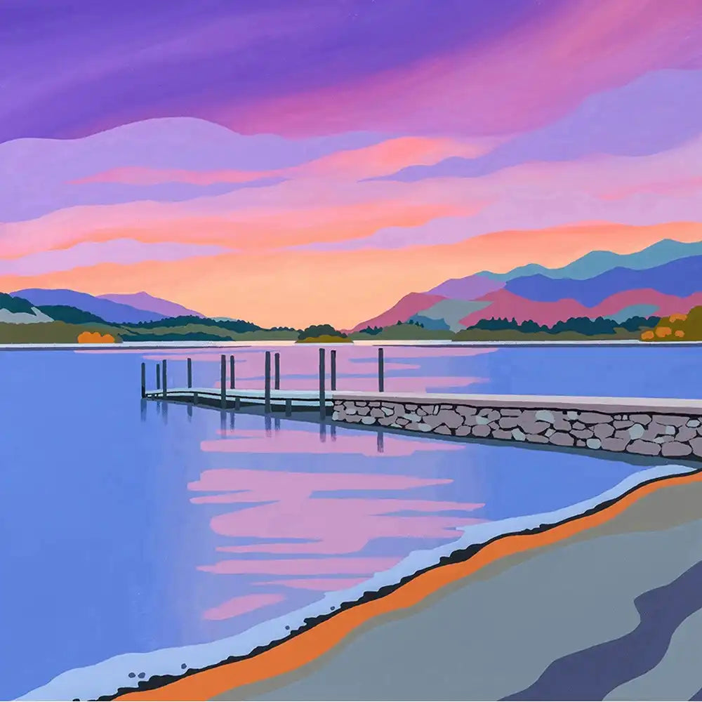 A stylized landscape painting of a lake at sunset with a dock extending into the water, mountains in the distance, and a purple, pink, and orange sky.
