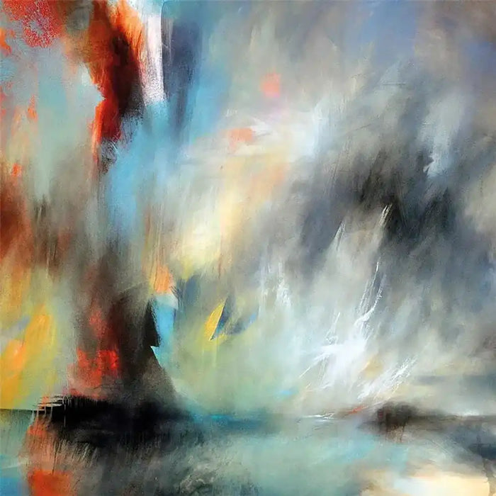 Abstract painting with expressive brushstrokes in blue, gray, white, black, red, orange, and yellow, filling the entire frame.