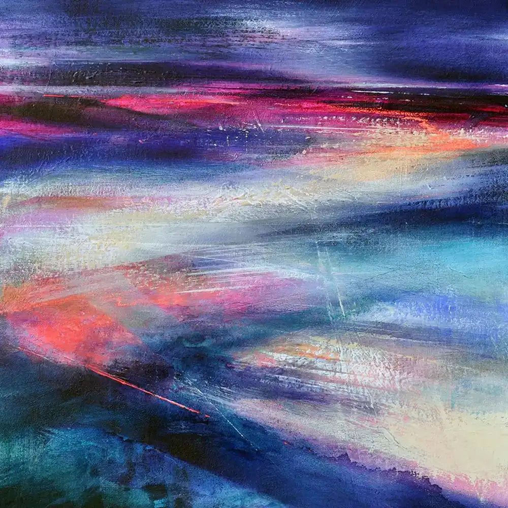Abstract painting with expressive horizontal and diagonal brushstrokes in deep blue, purple, teal, pink, peach, cream, and black.