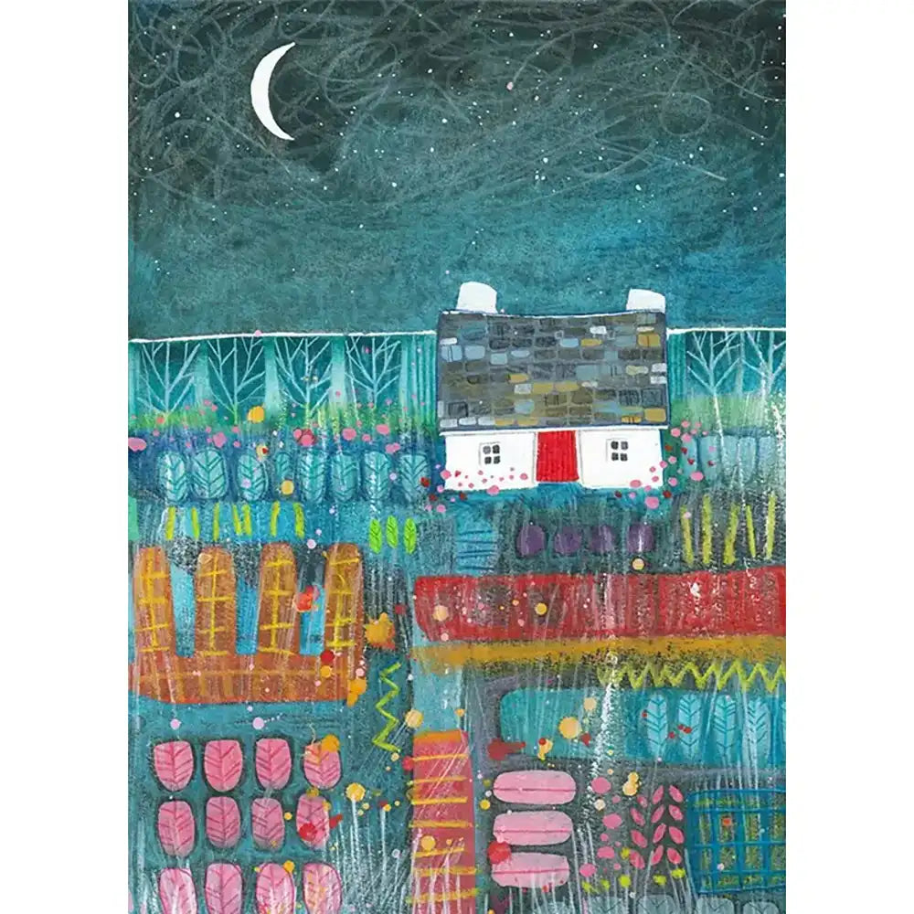 A colorful folk-art style illustration of a small house at night under a crescent moon and starry sky. The scene uses teal, blue, red, pink, yellow, and orange tones, with textured brushstrokes and stylized trees and garden shapes.