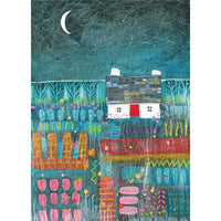 A colorful folk-art style illustration of a small house at night under a crescent moon and starry sky. The scene uses teal, blue, red, pink, yellow, and orange tones, with textured brushstrokes and stylized trees and garden shapes.