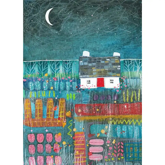 A colorful folk-art style illustration of a small house at night under a crescent moon and starry sky. The scene uses teal, blue, red, pink, yellow, and orange tones, with textured brushstrokes and stylized trees and garden shapes.