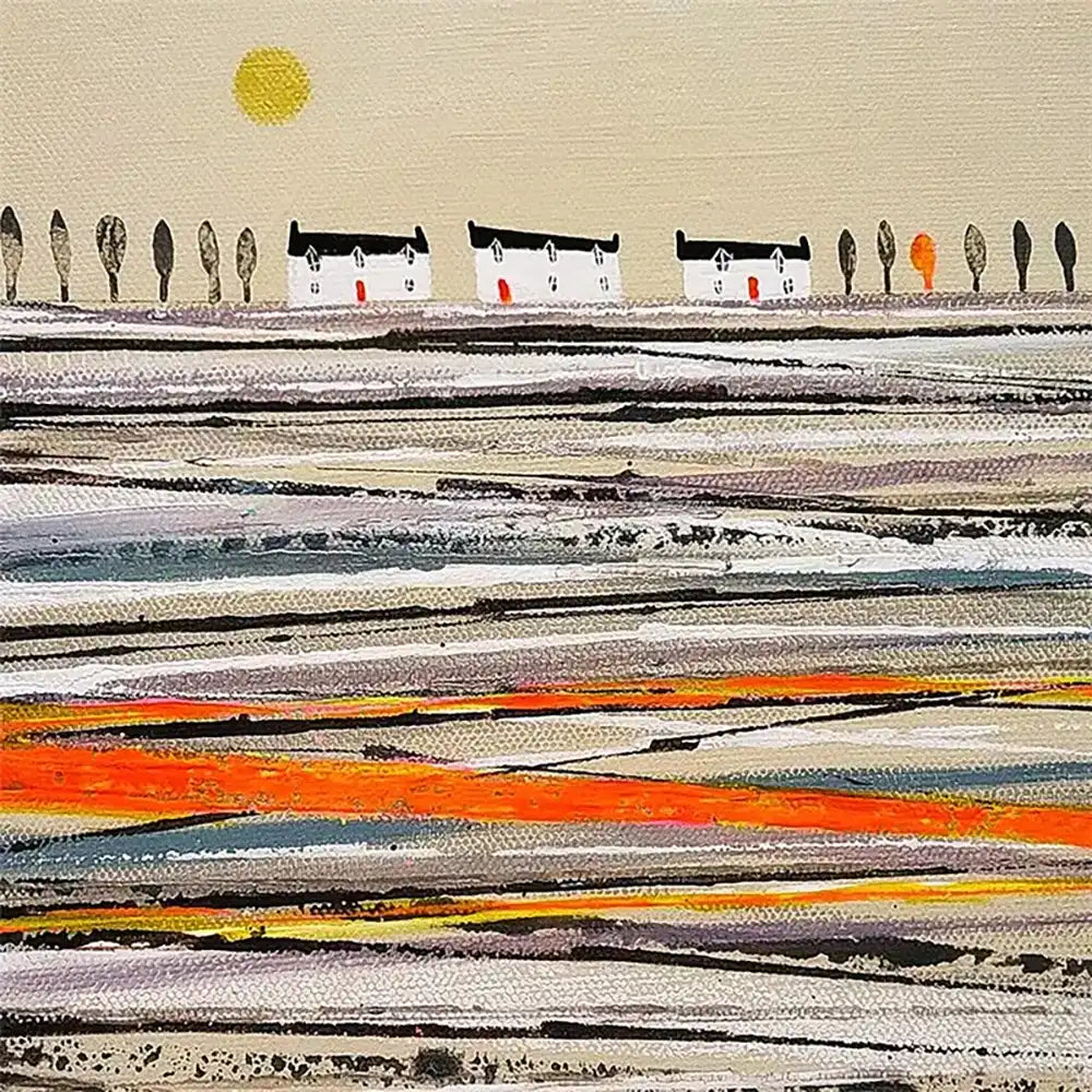 Greetings card painting of a view of a simple horizon with white houses and trees and a muli coloured landscape. 