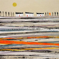 Greetings card painting of a view of a simple horizon with white houses and trees and a muli coloured landscape. 