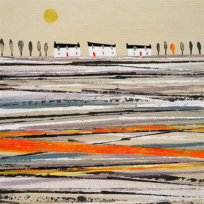 Greetings card painting of a view of a simple horizon with white houses and trees and a muli coloured landscape. 