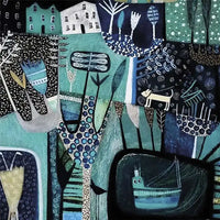 A stylized abstract landscape artwork in teal, navy, black, and cream tones, featuring houses, trees, a dog, and a boat in a patchwork-like composition.