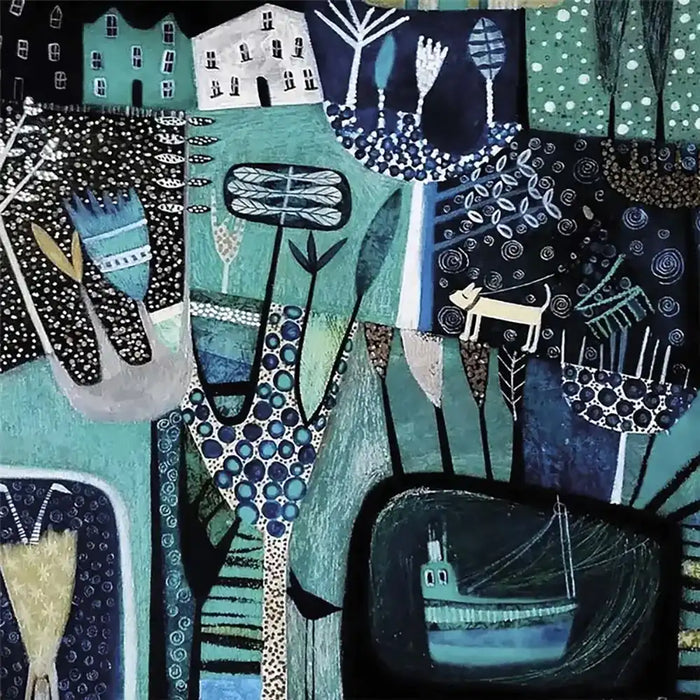 A stylized abstract landscape artwork in teal, navy, black, and cream tones, featuring houses, trees, a dog, and a boat in a patchwork-like composition.