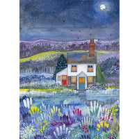 A colourful painting of a white cottage with glowing windows, set in a moonlit blue night sky above a field of purple, yellow, and blue wildflowers.