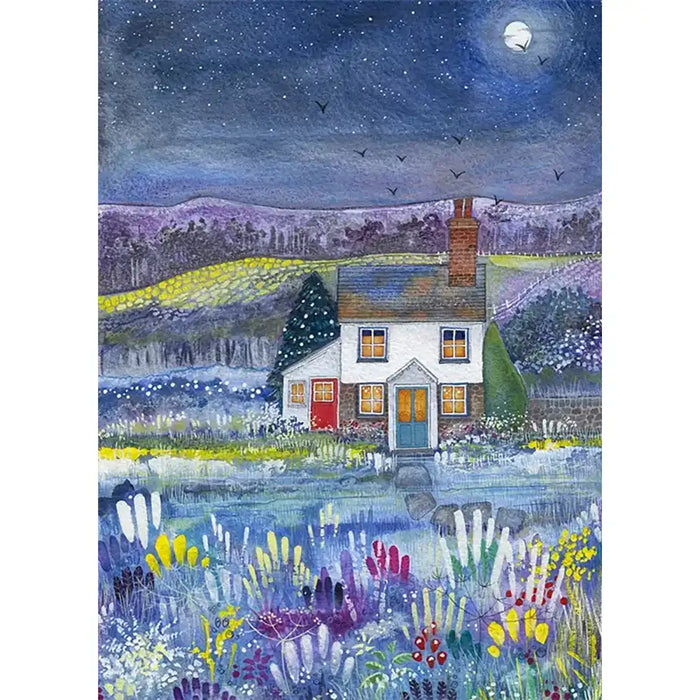 A colourful painting of a white cottage with glowing windows, set in a moonlit blue night sky above a field of purple, yellow, and blue wildflowers.
