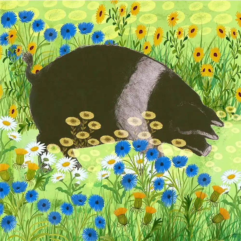 A whimsical illustration of a black and white pig standing in a field of blue, yellow, and white flowers on a light green background.